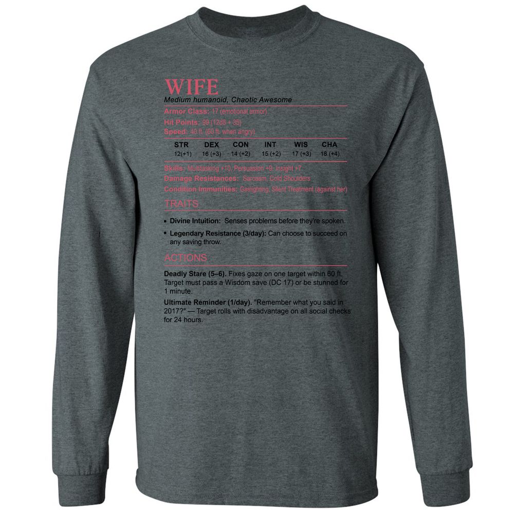 Wife Stats 2 Long Sleeve T-Shirt - Dark Heather - 15