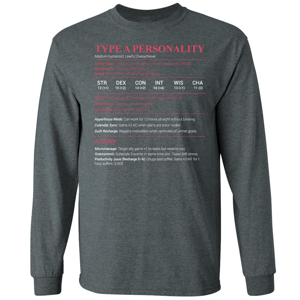 Type A Stats Long Sleeve T-Shirt - Dark Heather - 15