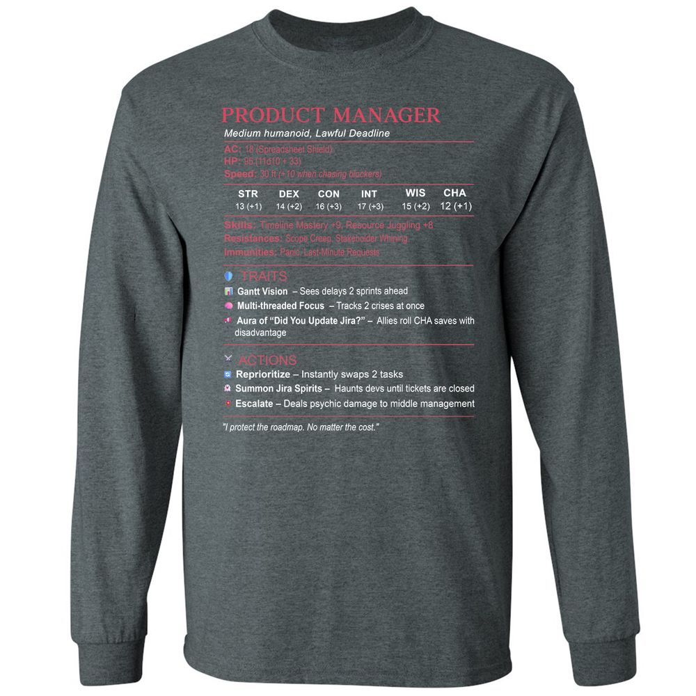Product Manager Stats (PM) Long Sleeve T-Shirt - Dark Heather - 15