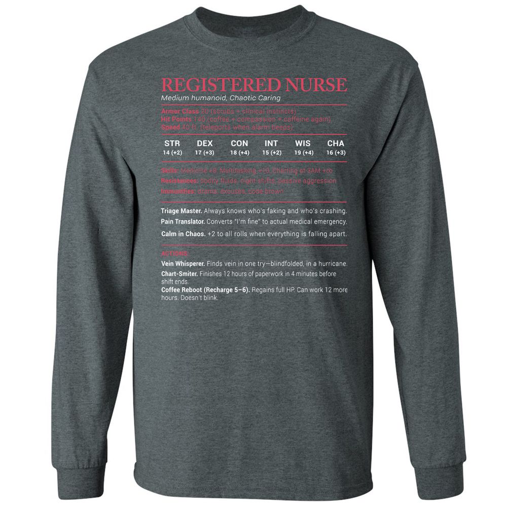 Registered Nurse Stats Long Sleeve T-Shirt - Dark Heather - 15