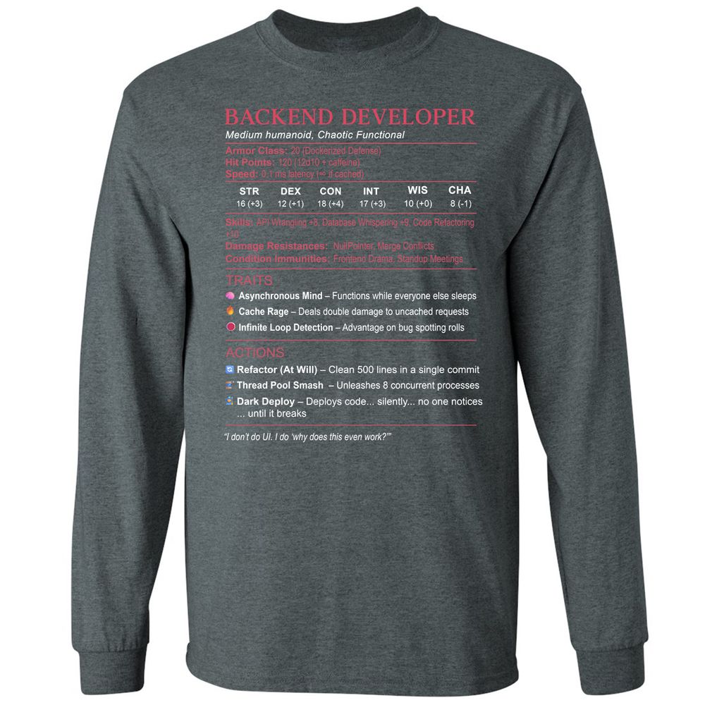 Backend Developer Stats Long Sleeve T-Shirt - Dark Heather - 15