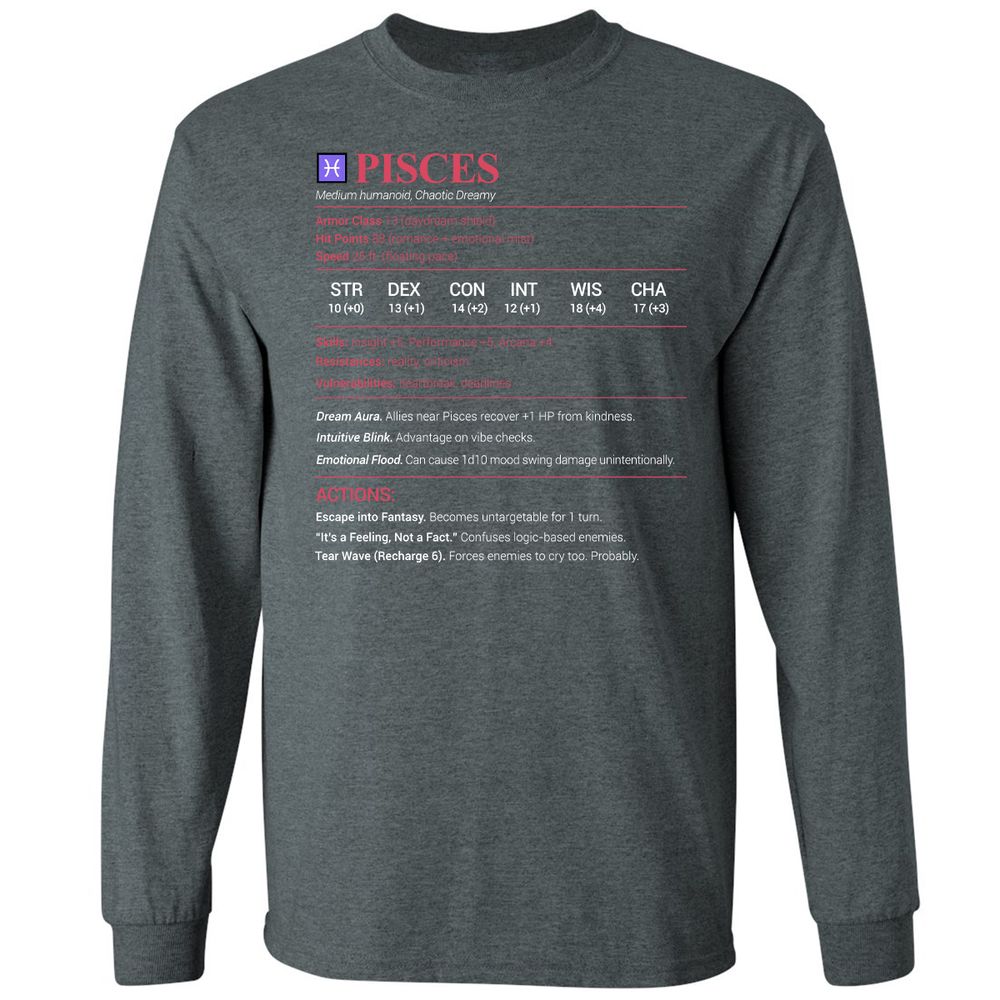 Pisces Stats Long Sleeve T-Shirt - Dark Heather - 15