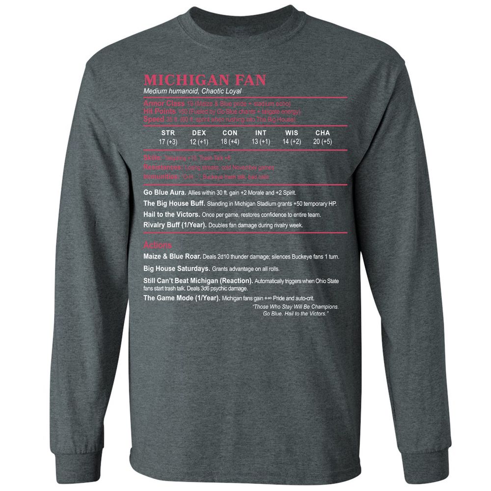 MICHIGAN FAN Long Sleeve T-Shirt - Dark Heather - 15