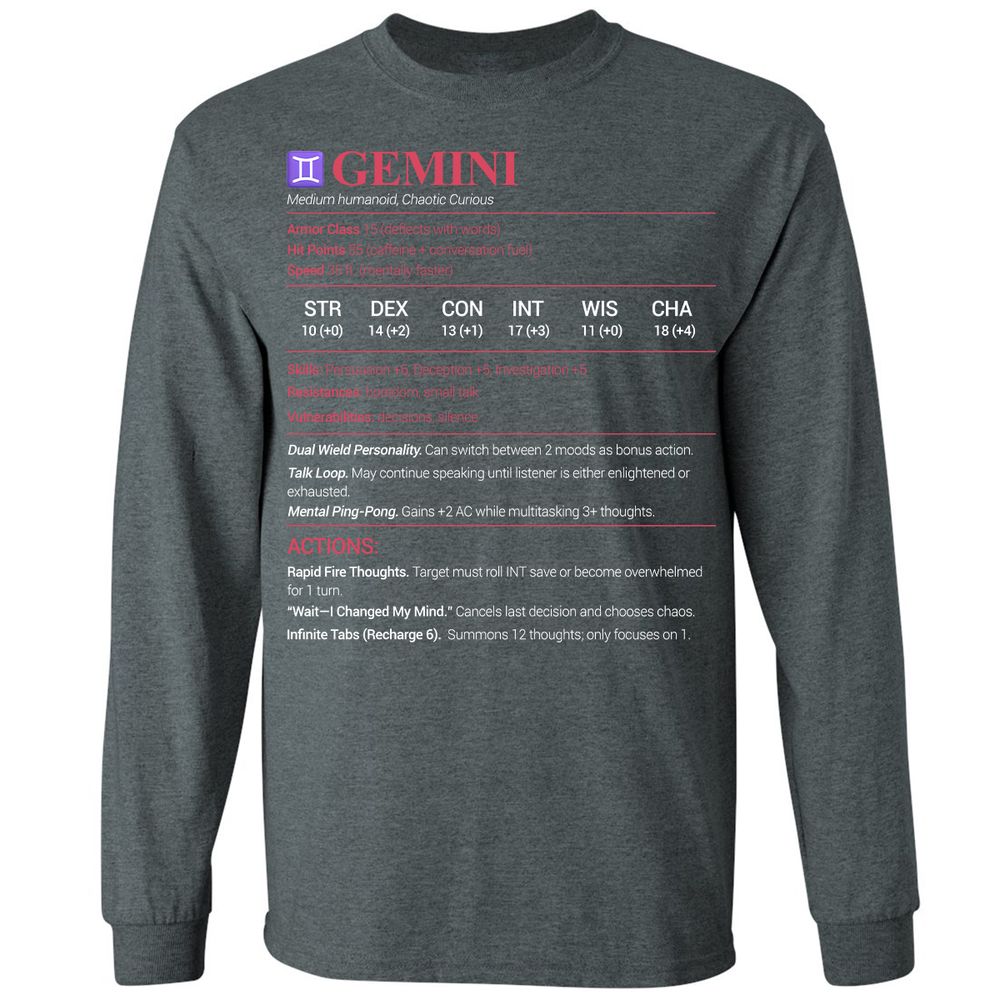 Gemini Stats Long Sleeve T-Shirt - Dark Heather - 15