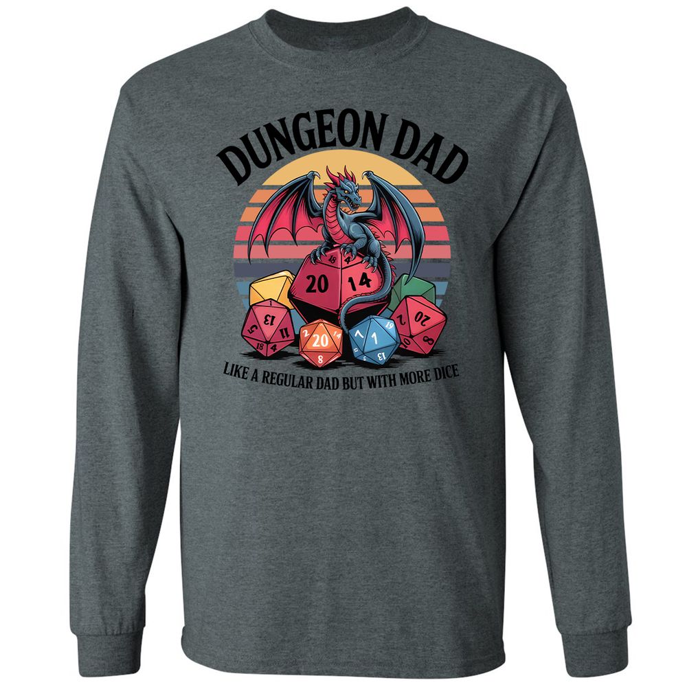 Dungeon Dad With More Dice Long Sleeve T-Shirt - Dark Heather - 15