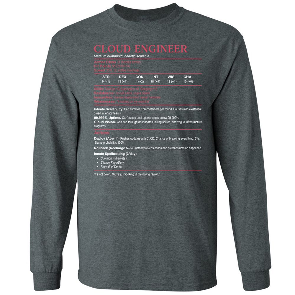 Cloud Engineer Stats Long Sleeve T-Shirt - Dark Heather - 15