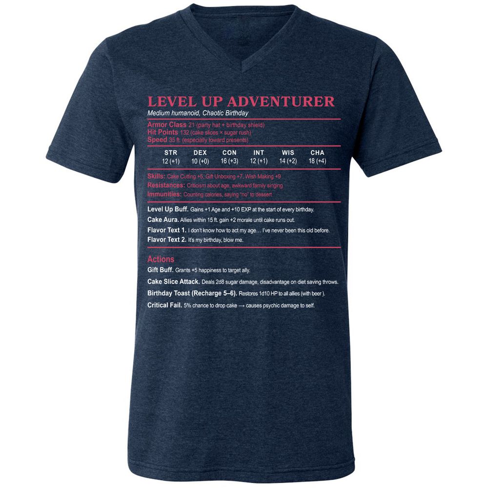 Level Up Adventurer Unisex V-Neck T-Shirt - Heather Navy - 15