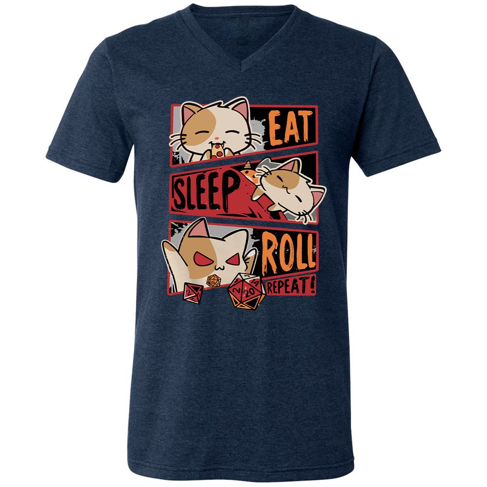 Eat Sleep Roll Repeat Unisex V-Neck T-Shirt - Heather Navy - 15