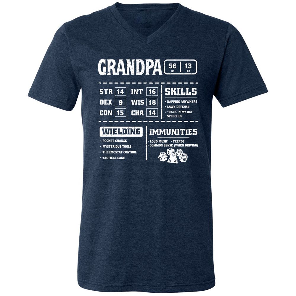 Grandpa Stats 2 Unisex V-Neck T-Shirt - Heather Navy - 15