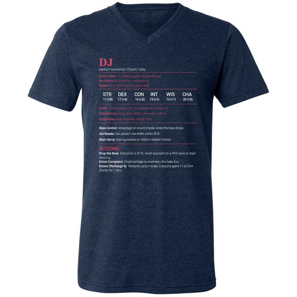 DJ Stats Unisex V-Neck T-Shirt - Heather Navy - 15