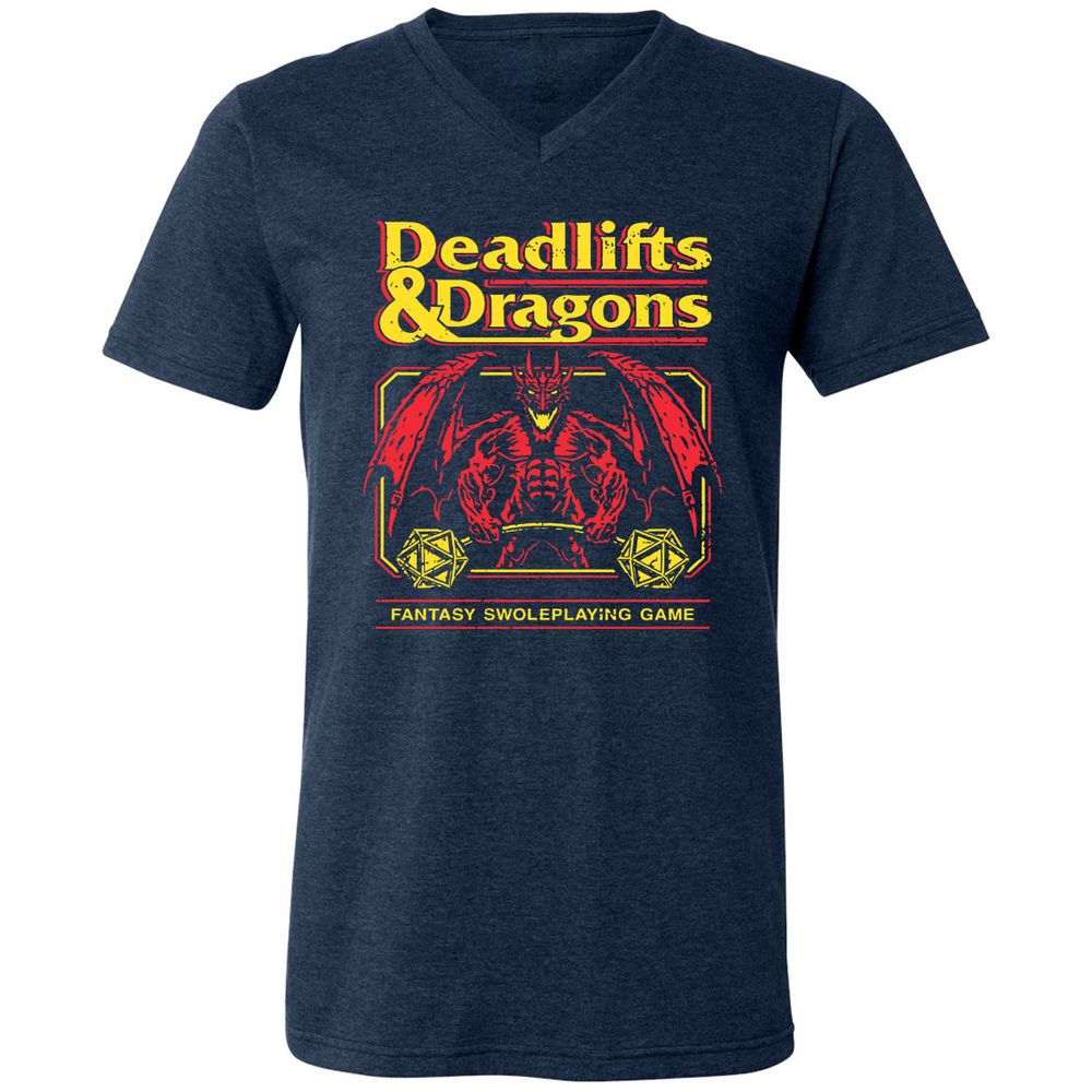 Deadlifts And Dragons Unisex V-Neck T-Shirt - Heather Navy - 15
