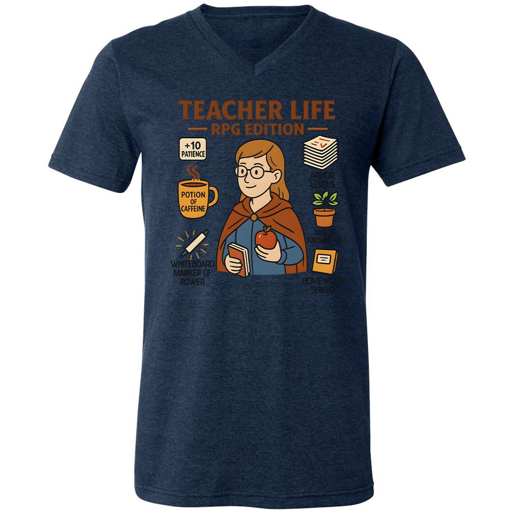 Teacher Life RPG Edition Unisex V-Neck T-Shirt - Heather Navy - 15