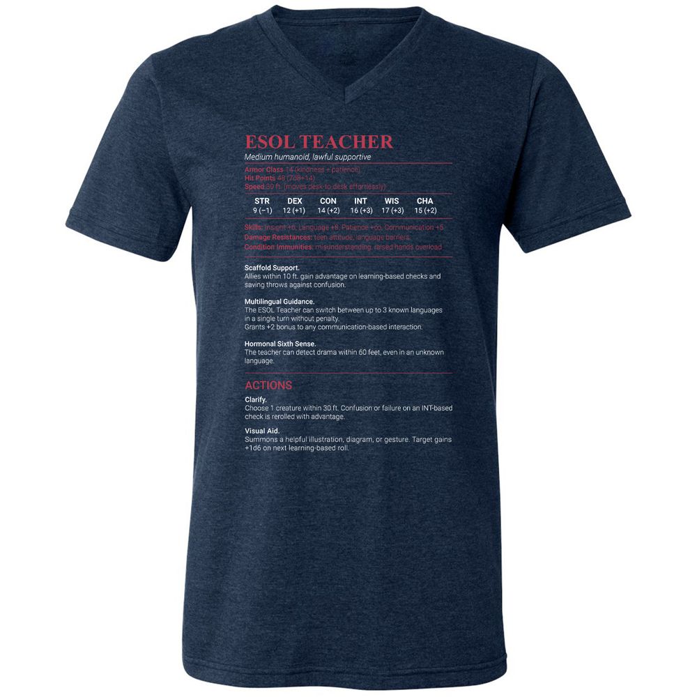 ESOL Teacher Unisex V-Neck T-Shirt - Heather Navy - 15