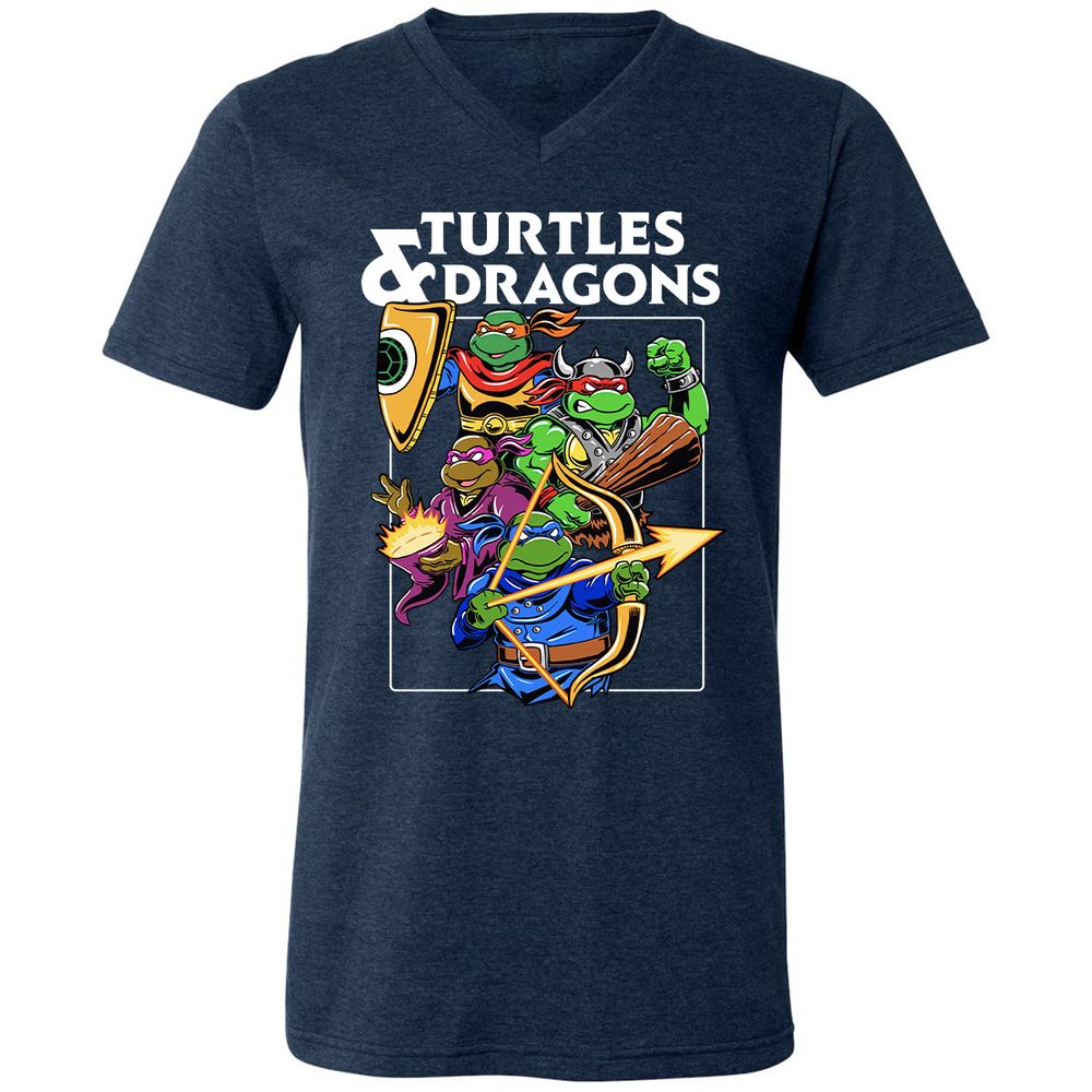 Turtles & Dragons Unisex V-Neck T-Shirt - Heather Navy - 15