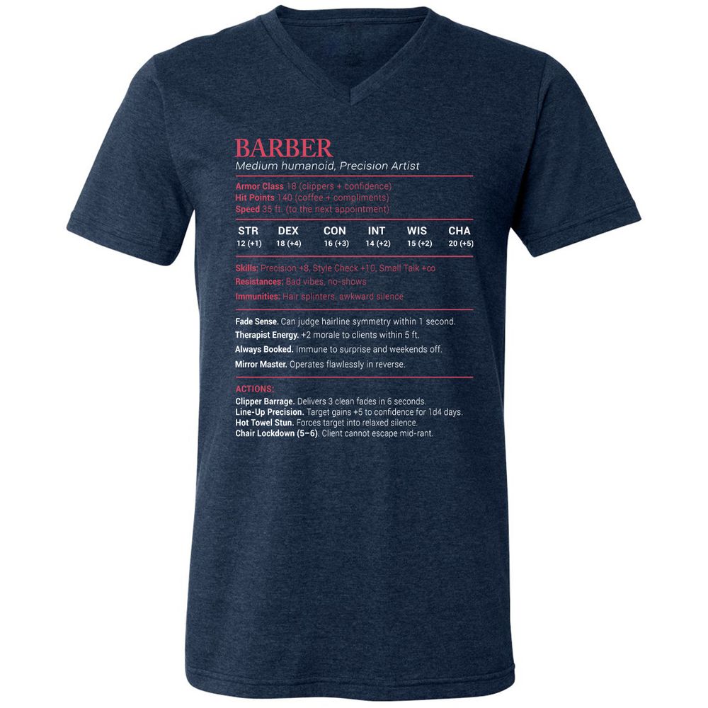 Barber Stats Unisex V-Neck T-Shirt - Heather Navy - 15