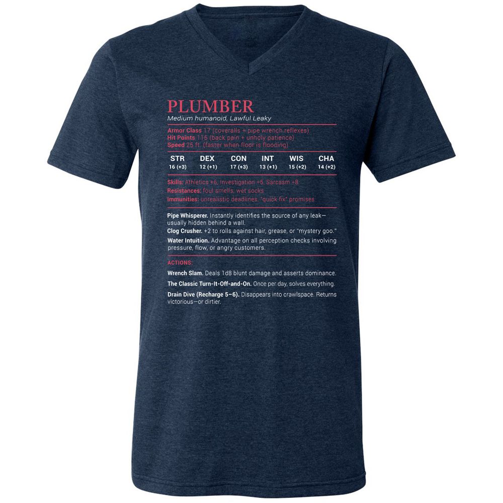 Plumber Stats Unisex V-Neck T-Shirt - Heather Navy - 15
