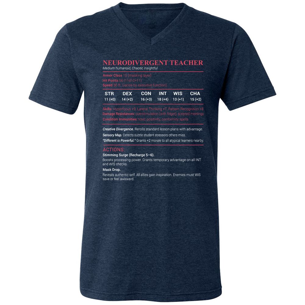 Neurodivergent Teacher Stats Unisex V-Neck T-Shirt - Heather Navy - 15