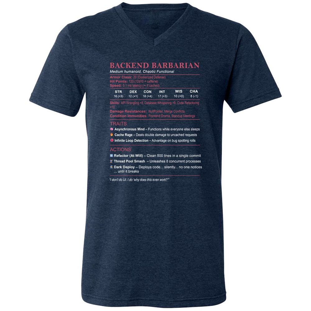 Backend Barbarian Stats Unisex V-Neck T-Shirt - Heather Navy - 15