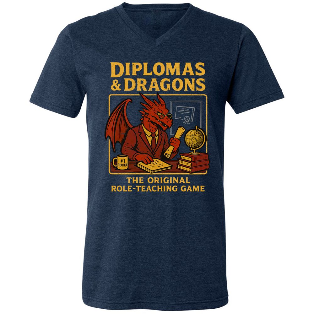 Diplomas & Dragons Unisex V-Neck T-Shirt - Heather Navy - 15