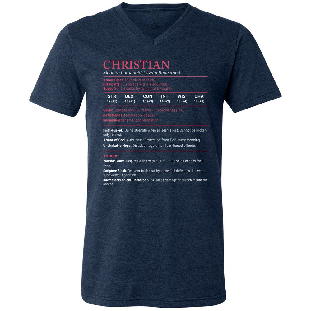 Christian Stats Unisex V-Neck T-Shirt - Heather Navy - 15
