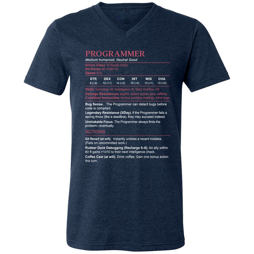Programmer Stats Unisex V-Neck T-Shirt - Heather Navy - 15