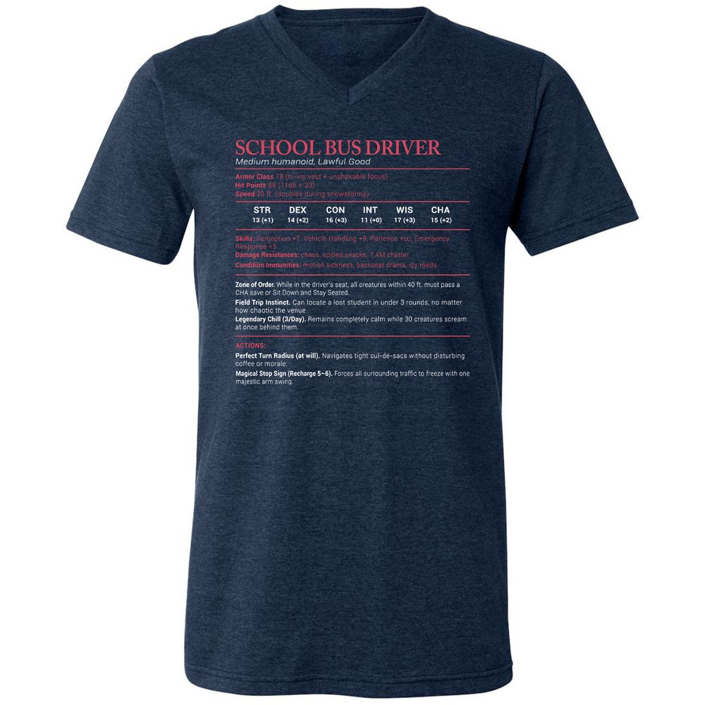 School Bus Driver Stats Unisex V-Neck T-Shirt - Heather Navy - 15