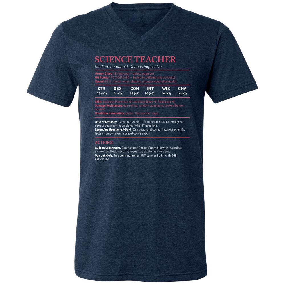 Science Teacher Stats Unisex V-Neck T-Shirt - Heather Navy - 15