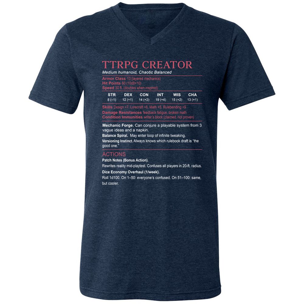 TTRPG Creator Stats Unisex V-Neck T-Shirt - Heather Navy - 15