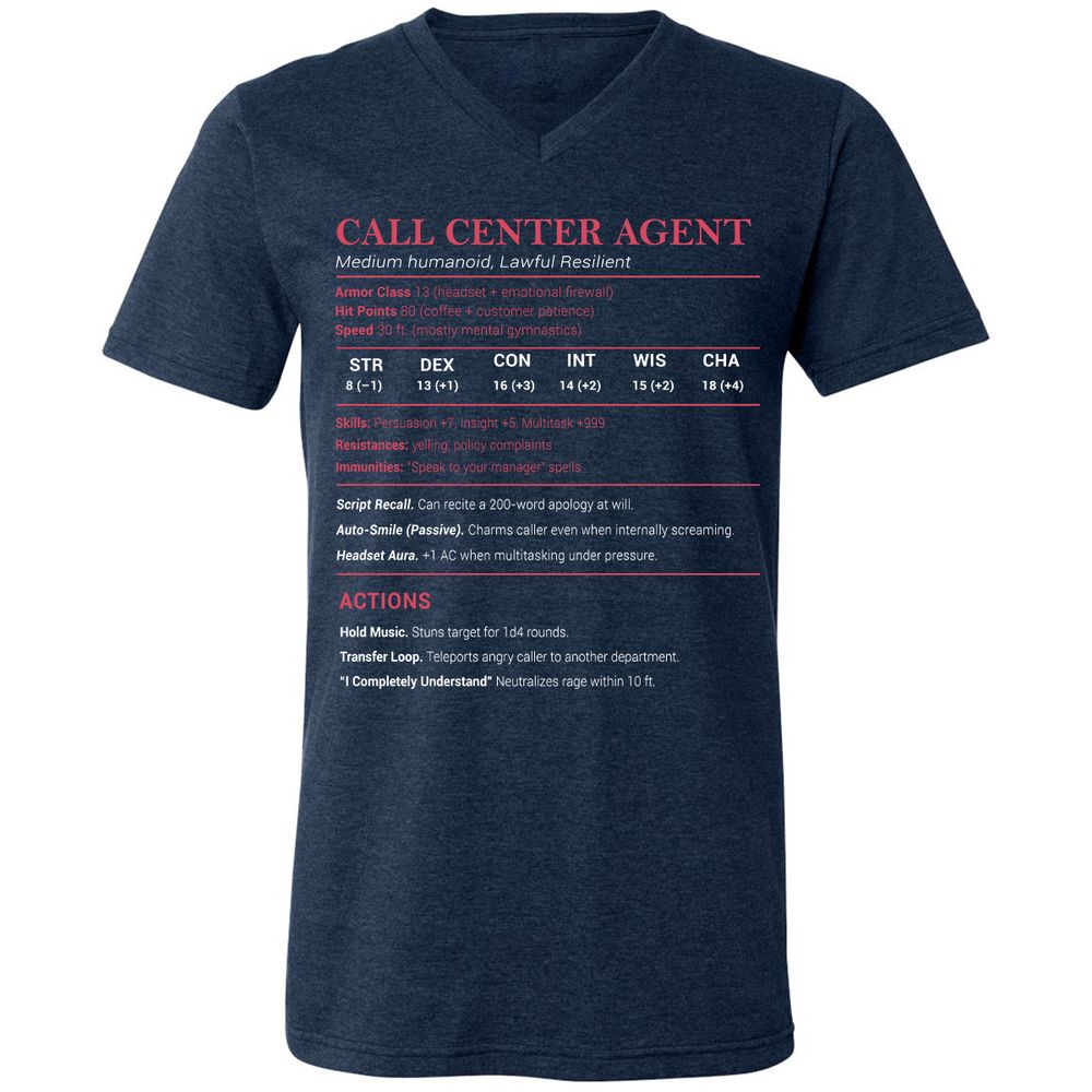 Call Center Agent Stats Unisex V-Neck T-Shirt - Heather Navy - 15