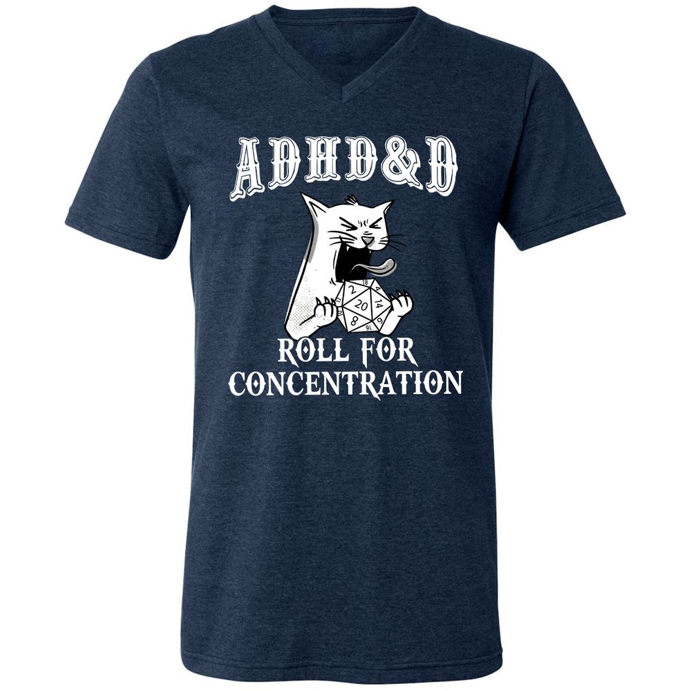 Cat ADHD&D Roll For Concentration Unisex V-Neck T-Shirt - Heather Navy - 15