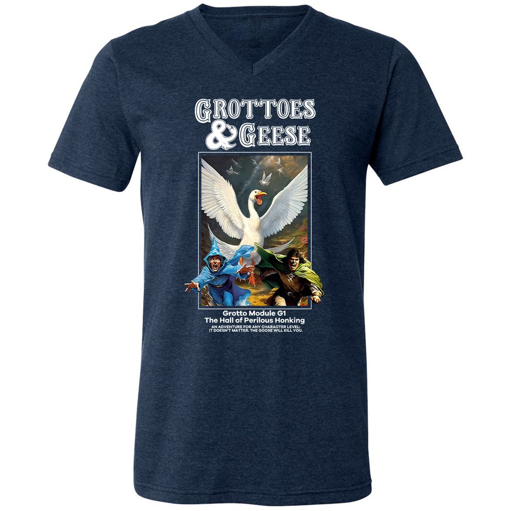 Grottoes & Geese Unisex V-Neck T-Shirt - Heather Navy - 15