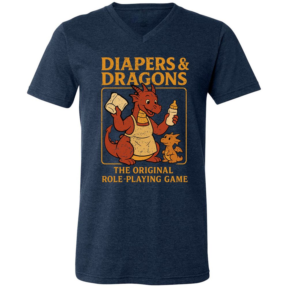 Diapers & Dragons Unisex V-Neck T-Shirt - Heather Navy - 15
