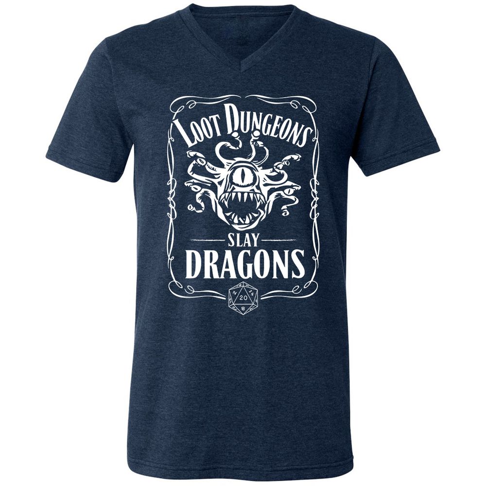 Loot Dungeon Slay Dragons Unisex V-Neck T-Shirt - Heather Navy - 15