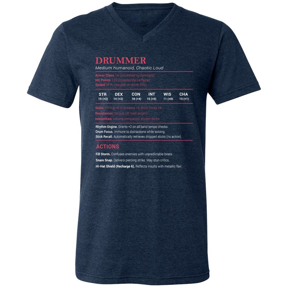 Drummer Stats Unisex V-Neck T-Shirt - Heather Navy - 15