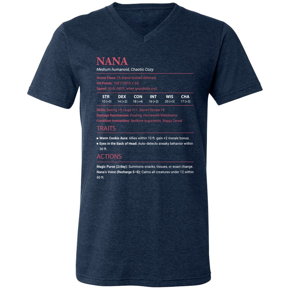Nana Stats Unisex V-Neck T-Shirt - Heather Navy - 15