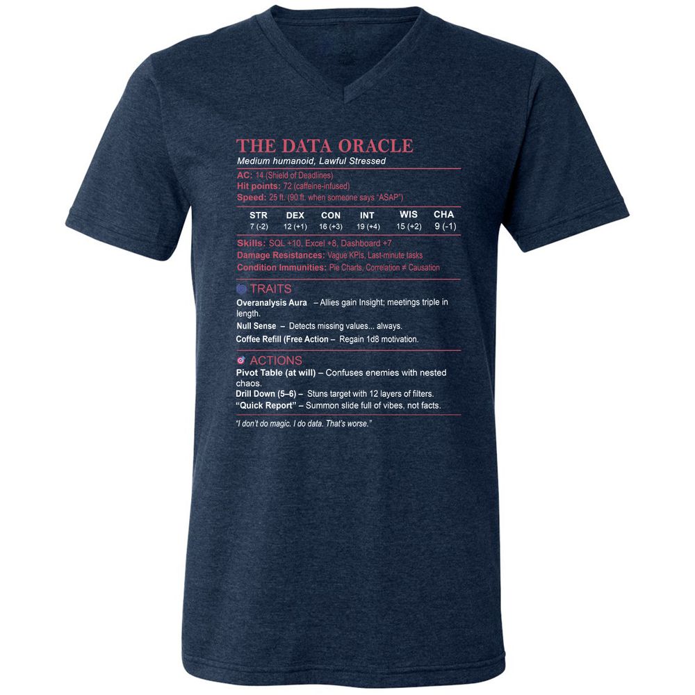 Data Analyst Stats (The Data Oracle) Unisex V-Neck T-Shirt - Heather Navy - 15