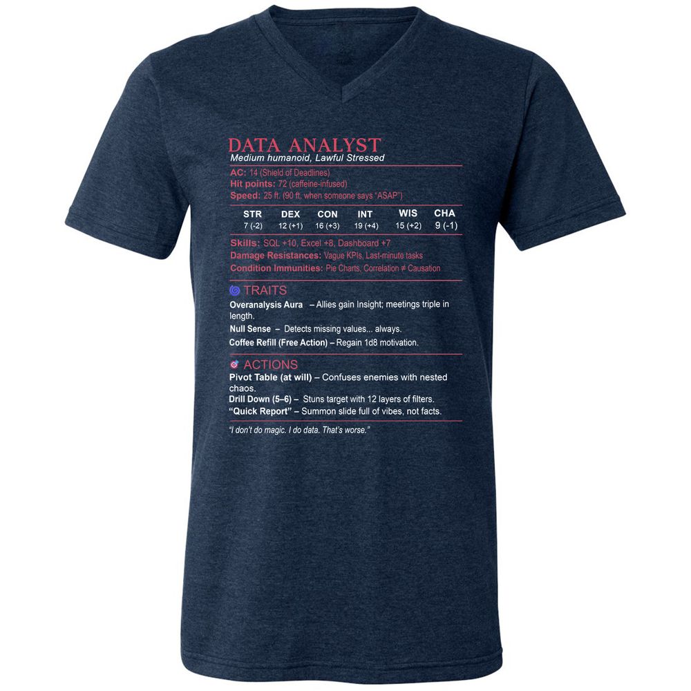 Data Analyst Stats Unisex V-Neck T-Shirt - Heather Navy - 15