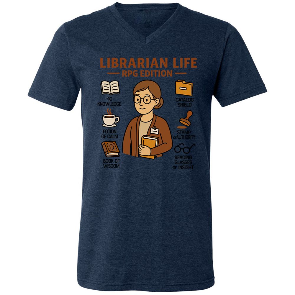 Librarian Life RPG Edition Unisex V-Neck T-Shirt - Heather Navy - 15