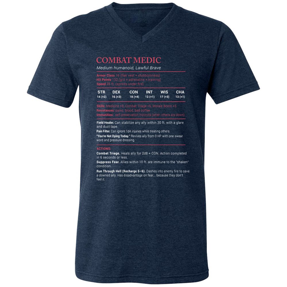 Combat Medic Stats Unisex V-Neck T-Shirt - Heather Navy - 15