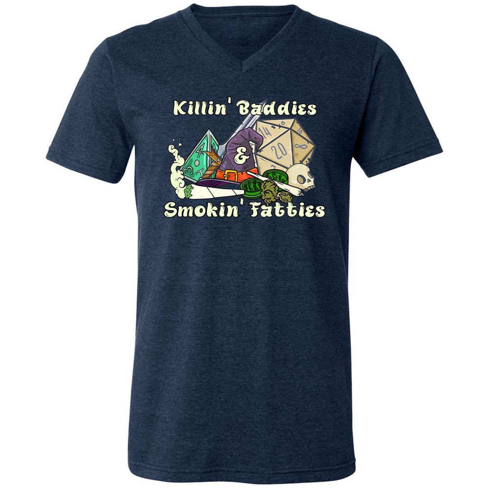 Killin' Baddies Smokin' Fatties Unisex V-Neck T-Shirt - Heather Navy - 15