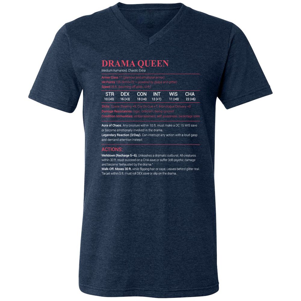 Drama Queen Unisex V-Neck T-Shirt - Heather Navy - 15