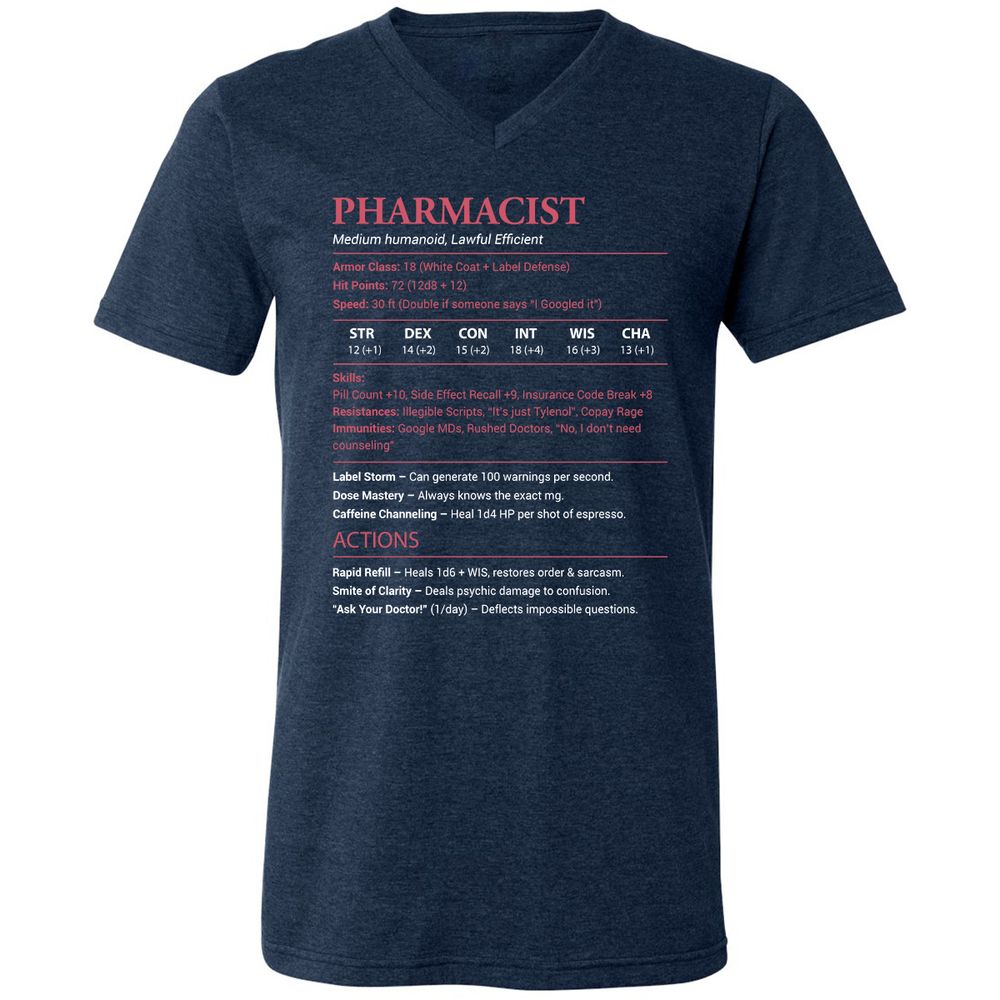 Pharmacist Stats Unisex V-Neck T-Shirt - Heather Navy - 15