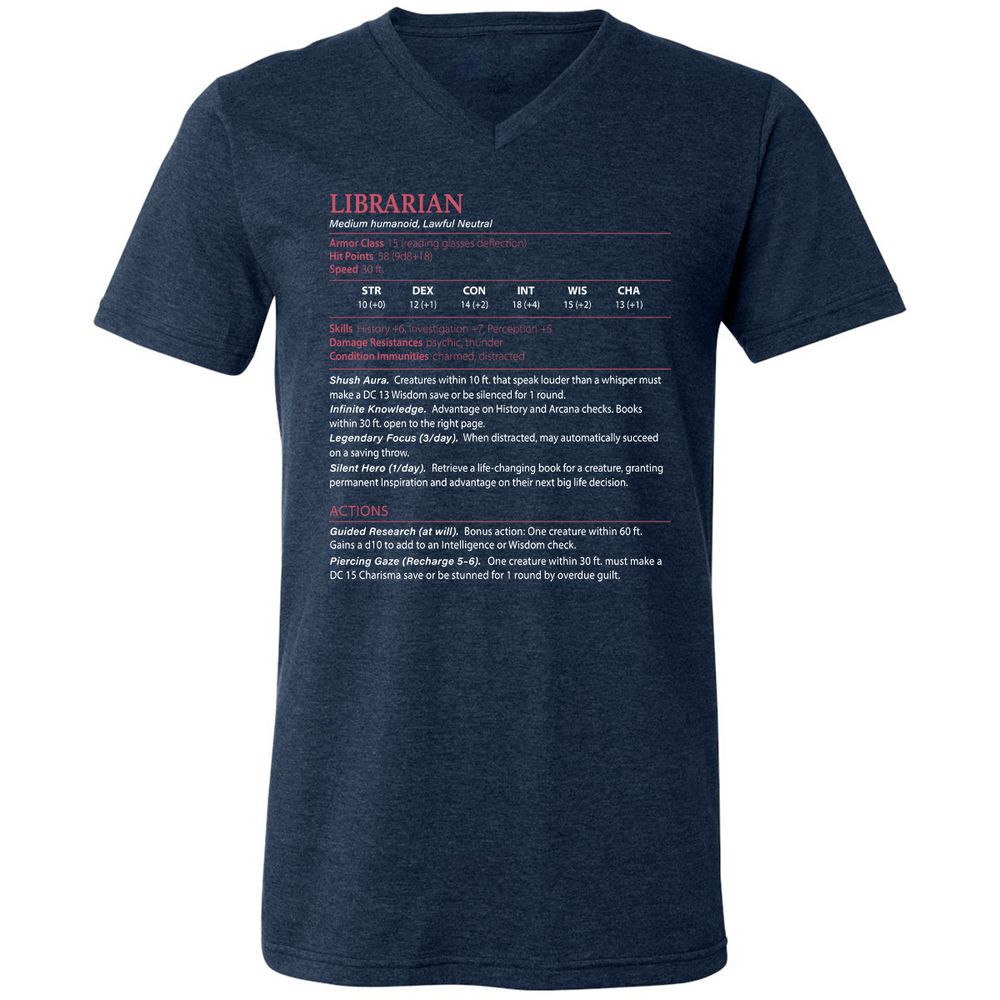 Librarian Stats Unisex V-Neck T-Shirt - Heather Navy - 15