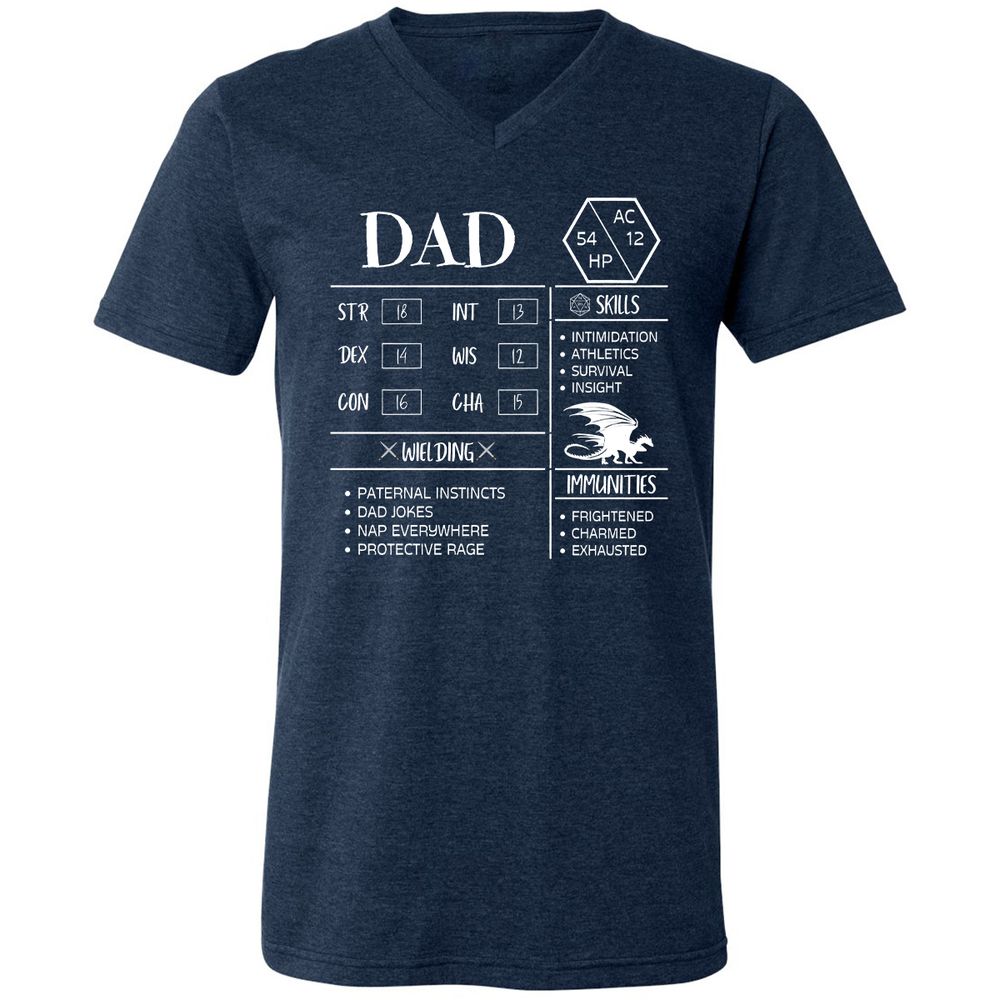 Dad Stats 2 Unisex V-Neck T-Shirt - Heather Navy - 15