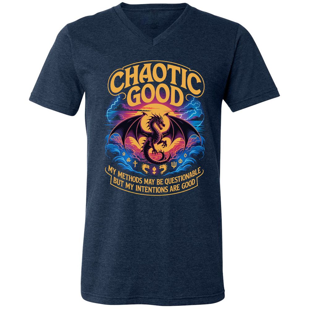 Chaotic Good Unisex V-Neck T-Shirt - Heather Navy - 15