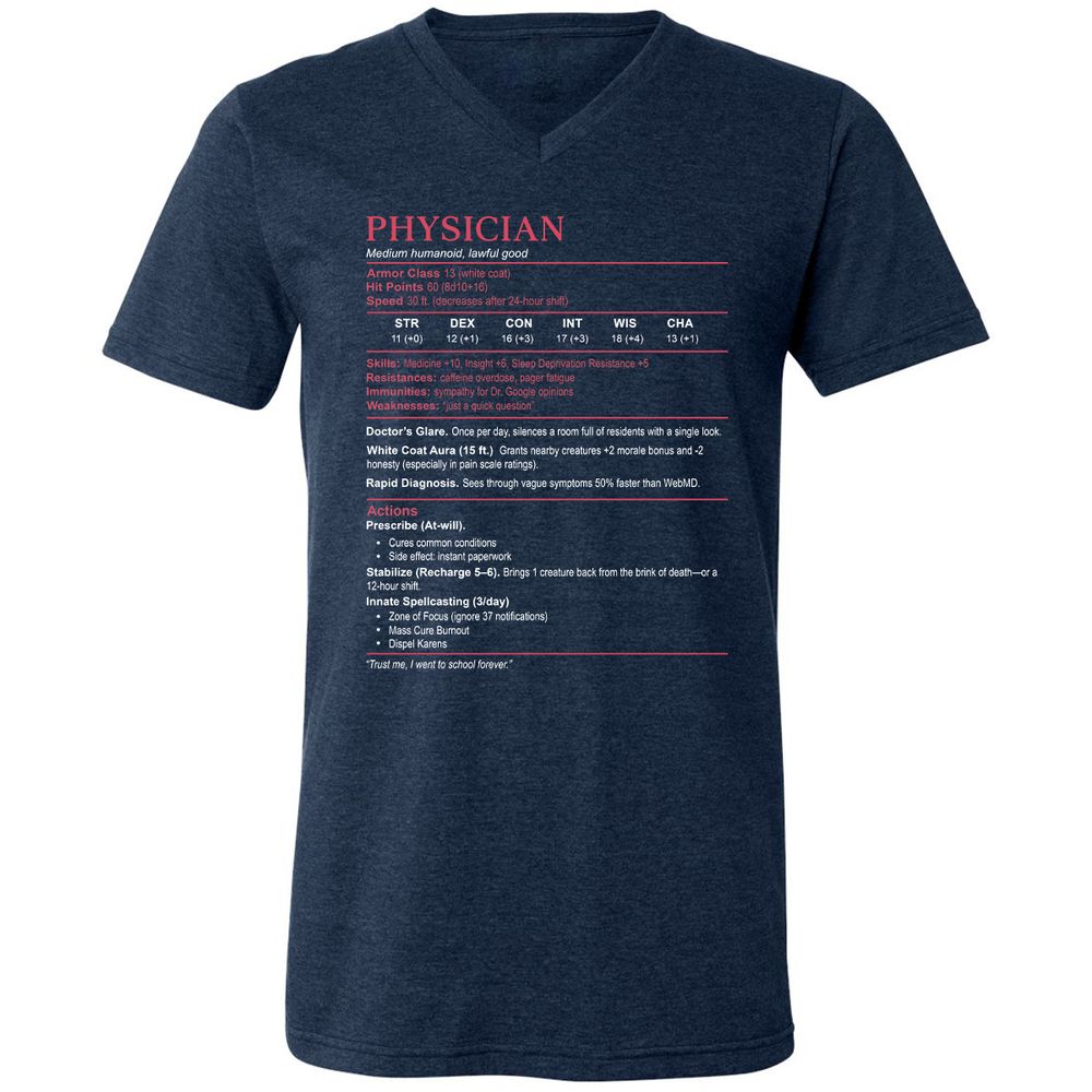 Physician Stats Unisex V-Neck T-Shirt - Heather Navy - 15
