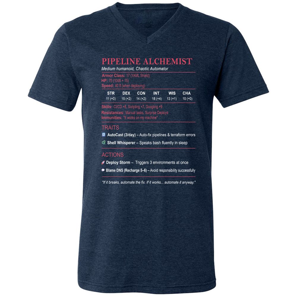 DEVOPS Stats (Pipeline Alchemist) Unisex V-Neck T-Shirt - Heather Navy - 15