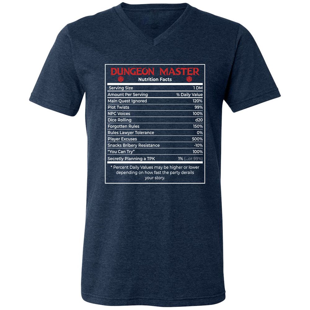 Dungeon Master Nutrition Facts Unisex V-Neck T-Shirt - Heather Navy - 15