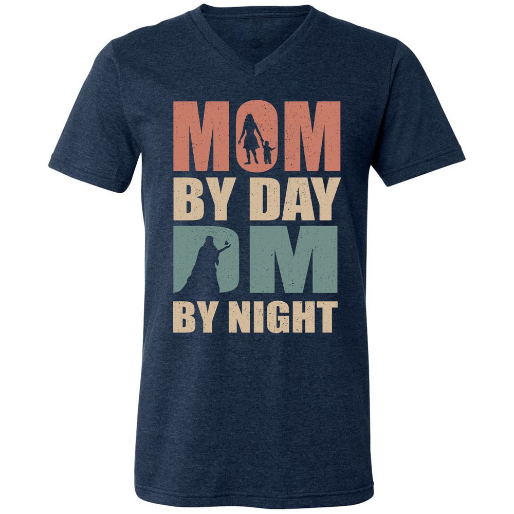 Mom By Day DM By Night Unisex V-Neck T-Shirt - Heather Navy - 15