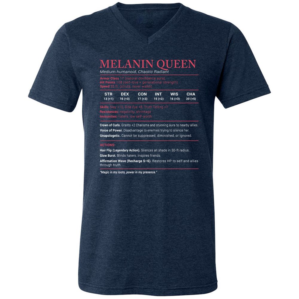 Melanin Queen Stats Unisex V-Neck T-Shirt - Heather Navy - 15